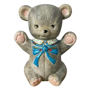 Vintage 1984 Ceramic Teddy Bear 7"Tall Nursery Childs Decor Collectible Gray